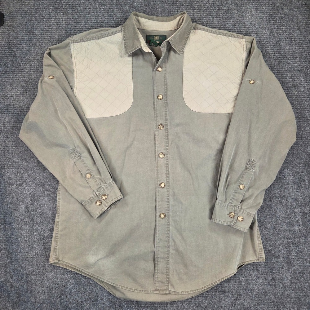 Vintage 90s Orvis Shooting Shirt Mens Large Olive Green Quilted Shoulder Patch